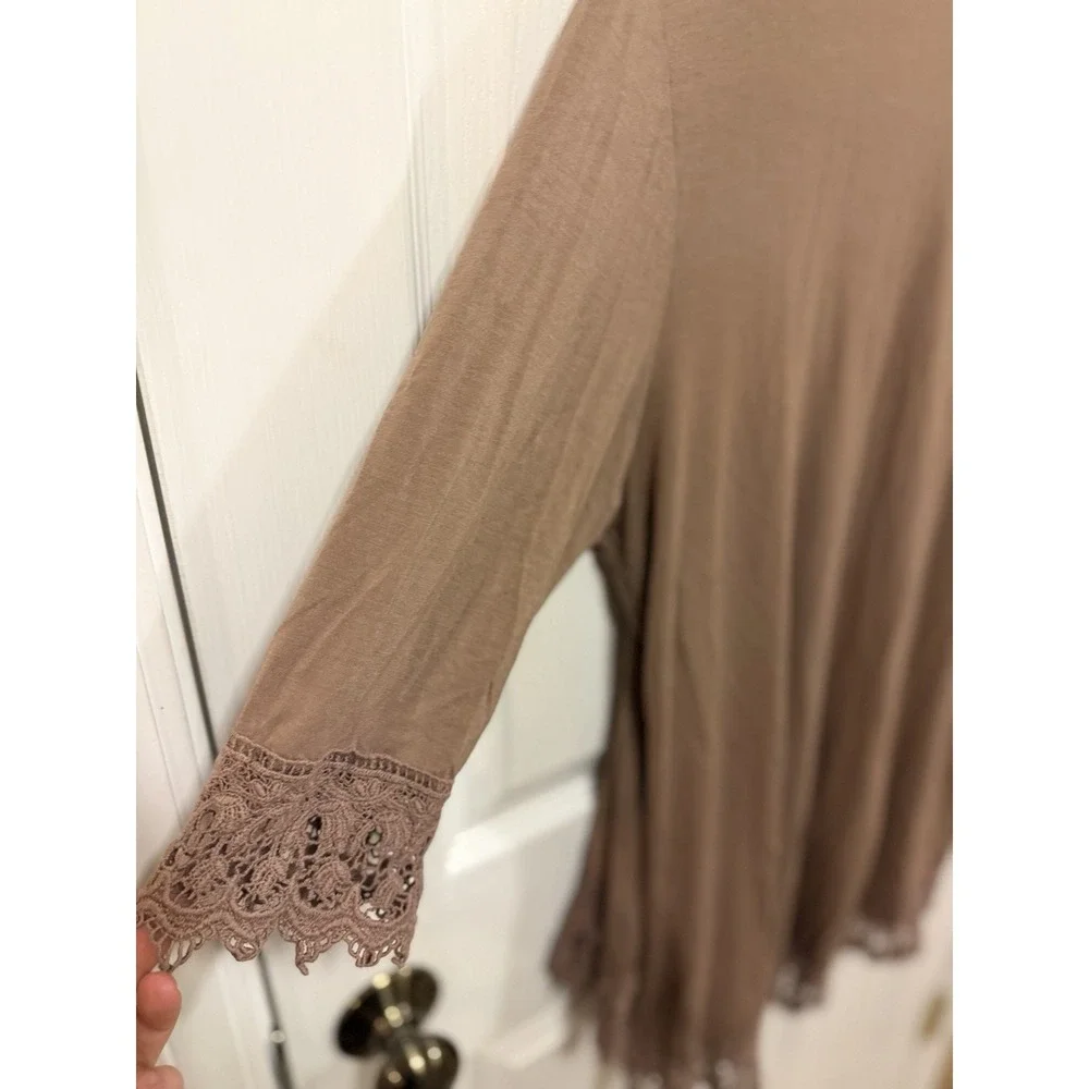 Fever Womens Mocha Brown Crochet Lace‎ Trim Open Front Cardigan 3/4 Sleeve Large
